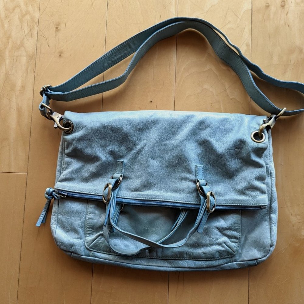 Helen Welsh light blue leather foldover tote with floral lining